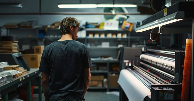 In a small print shop, a worker loads fresh paper into a commercial printer, preparing to print custom invitations for a special event with precision and care.