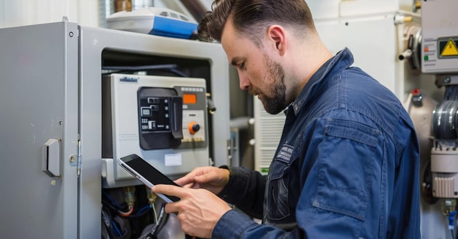 A technician using a tablet to perform remote diagnostics on a manufacturing machine, highlighting the importance of predictive maintenance.