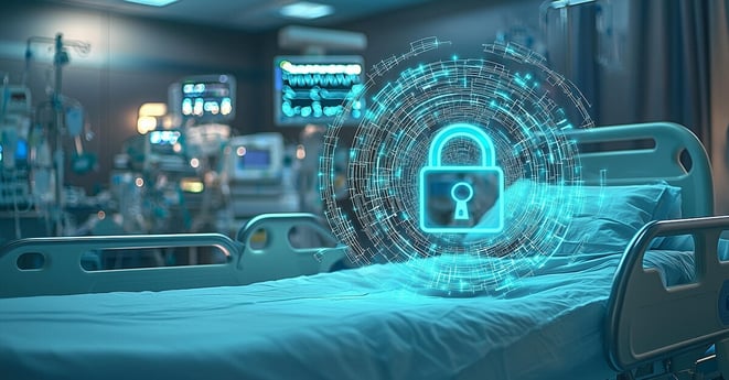 Hospital bed with digital lock symbolizing cybersecurity in healthcare.